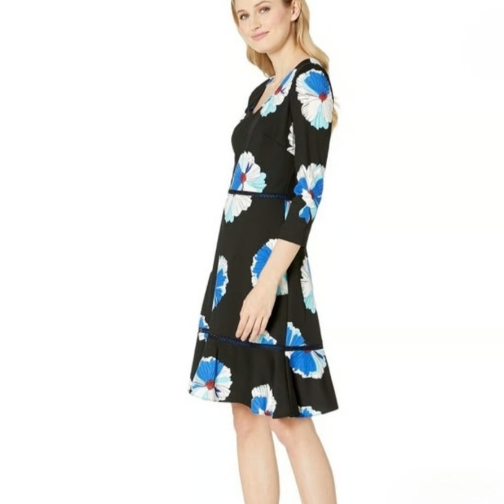 Neiman Marcus Black 3/4 Sleeve  Fit-and-Flare Dress With Floral Accents, Size 10